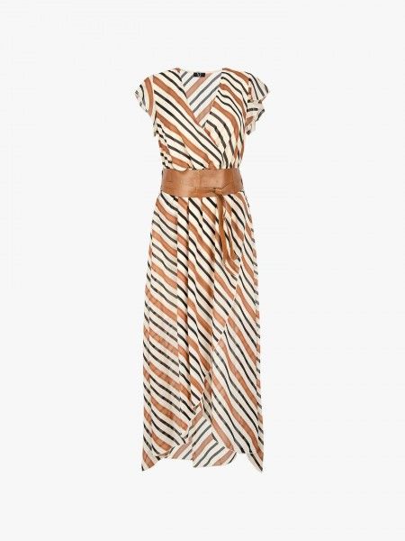 Vestido midi �s riscas com cinto