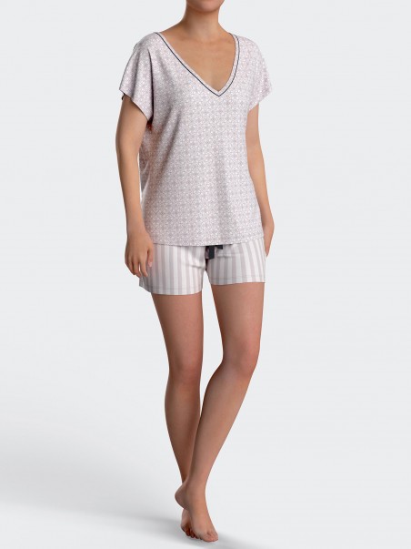 Pijama Curto de Mulher Com Botes em Algodo Modal