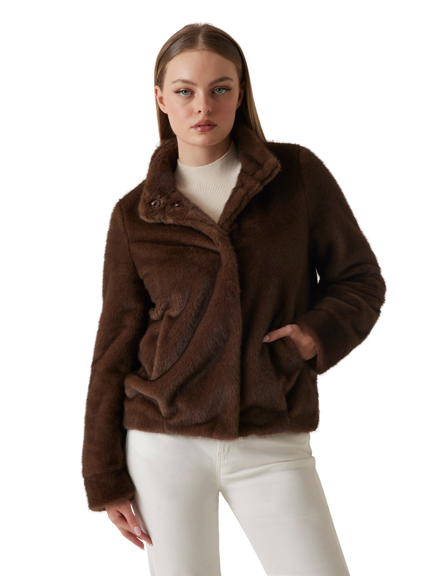 Casaco com Gola Alta Efeito de Pelo