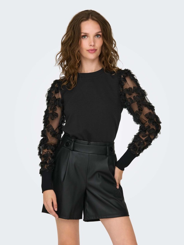 Camisola de Malha com Mangas em Renda Floral