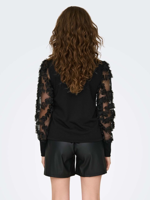 Camisola de Malha com Mangas em Renda Floral