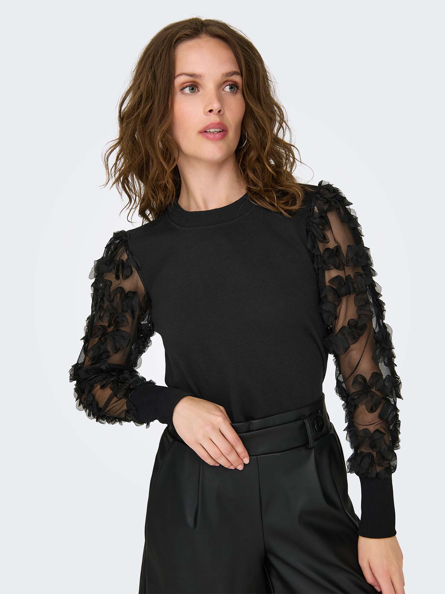 Camisola de Malha com Mangas em Renda Floral