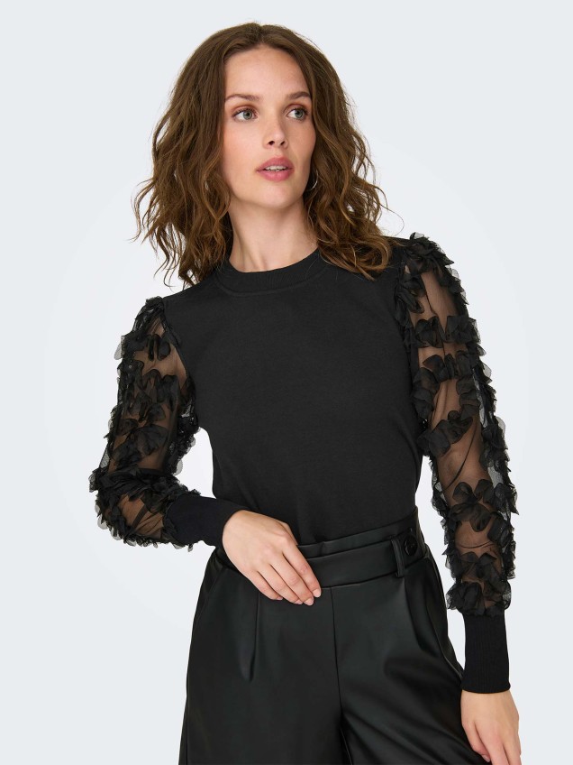 Camisola de Malha com Mangas em Renda Floral