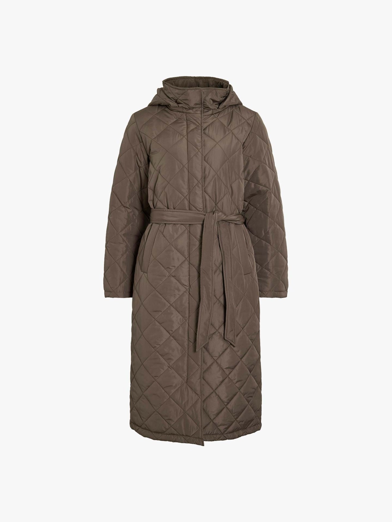 Parka Acolchoada Comprida com Cinto e Capuz