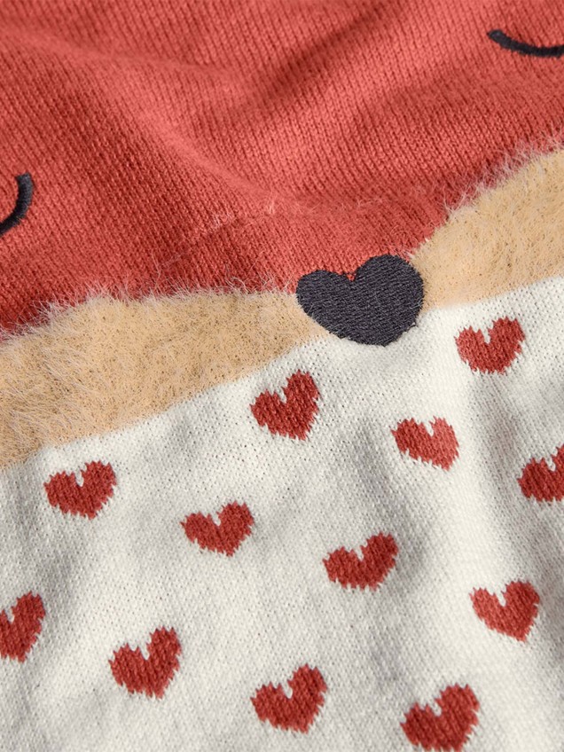 Camisola de Malha com Padrão de Raposa e Corações