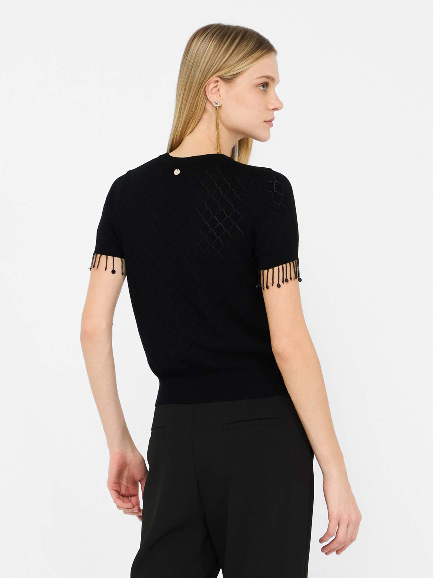 T-shirt de Malha Perfurada e Franjas de Contas