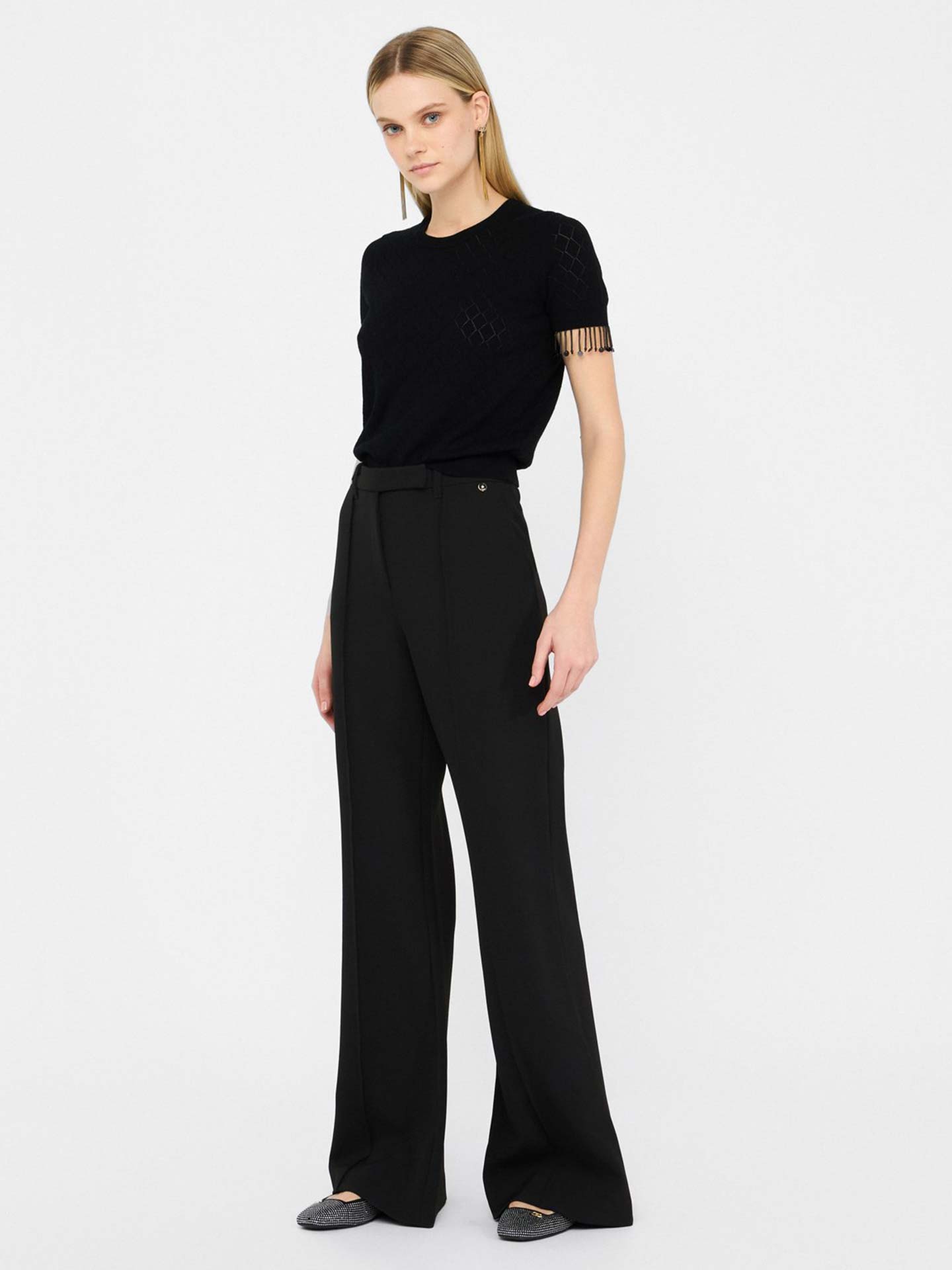 T-shirt de Malha Perfurada e Franjas de Contas