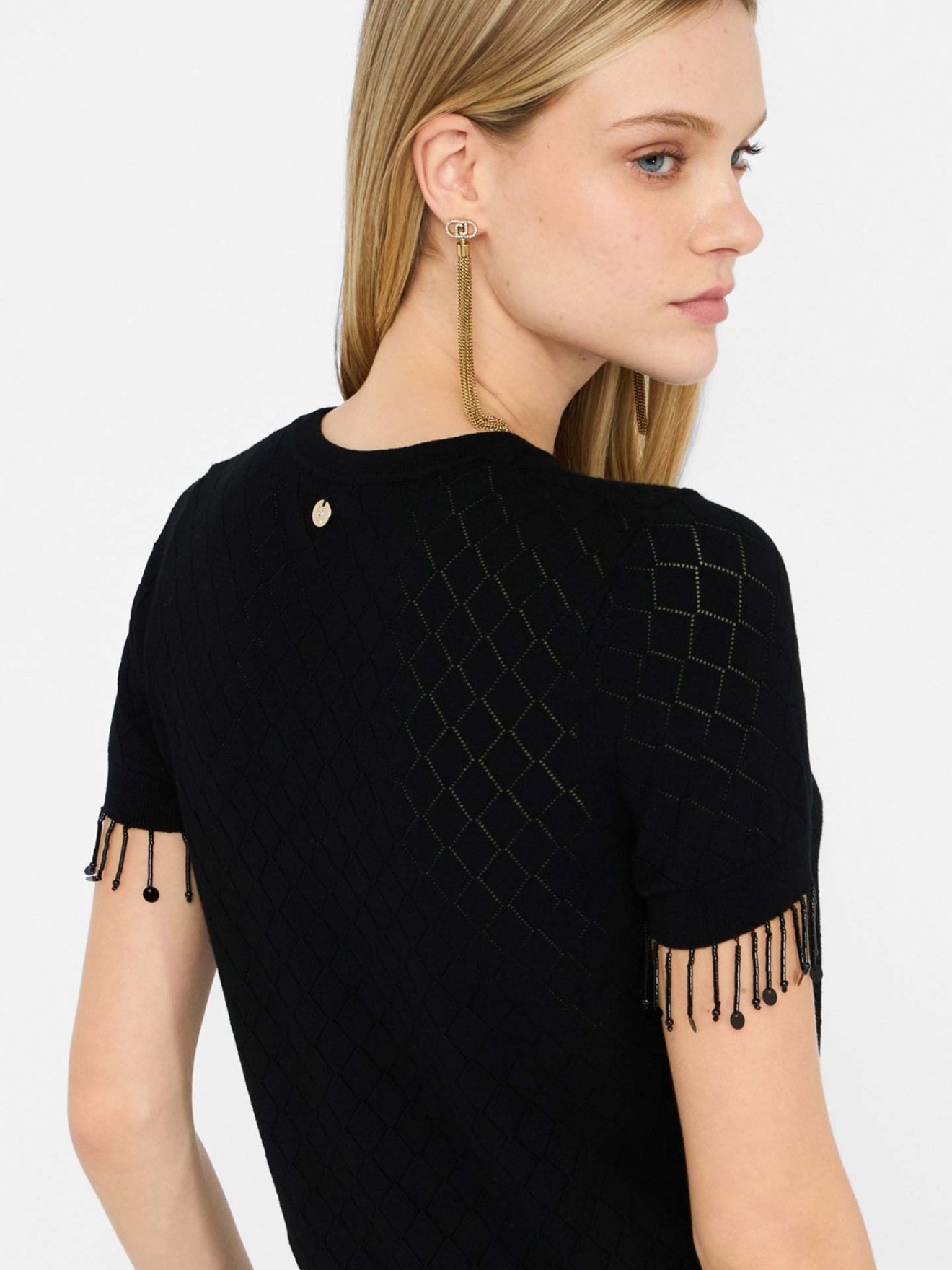 T-shirt de Malha Perfurada e Franjas de Contas