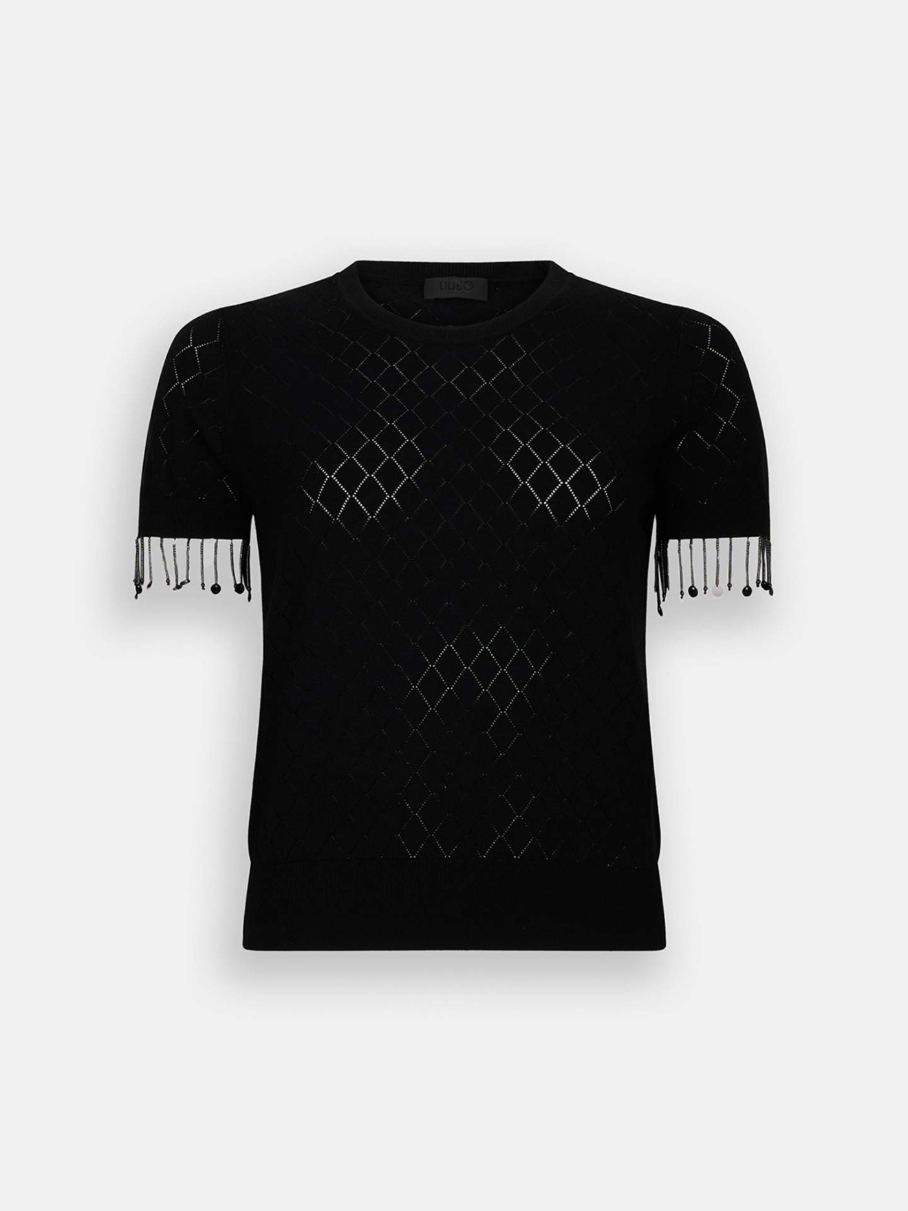 T-shirt de Malha Perfurada e Franjas de Contas