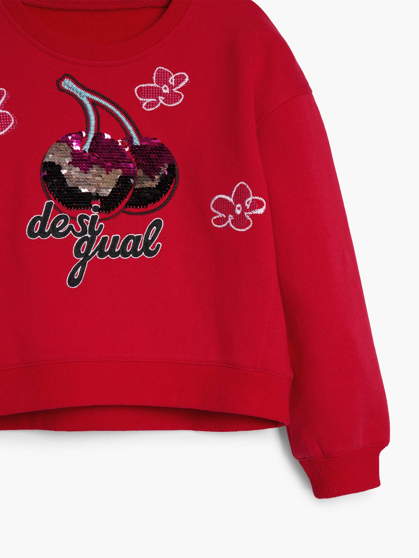 Sweatshirt com Cerejas Bordadas e Lantejoulas