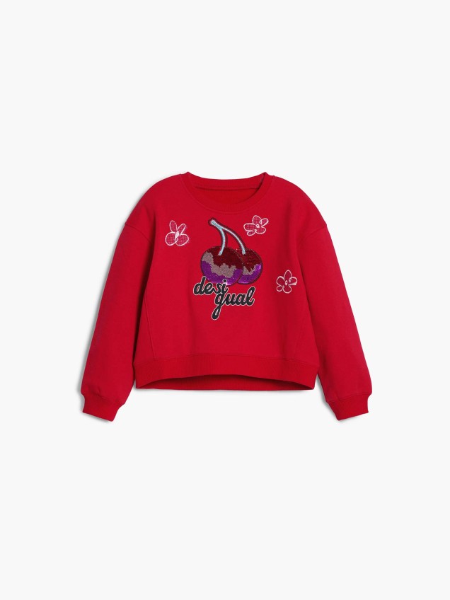 Sweatshirt com Cerejas Bordadas e Lantejoulas