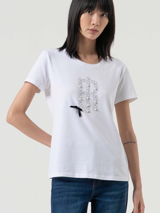 T-shirt com Logótipo de Pérolas e Strass