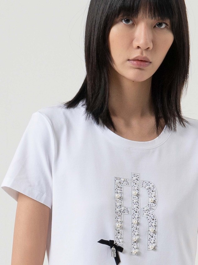 T-shirt com Logótipo de Pérolas e Strass