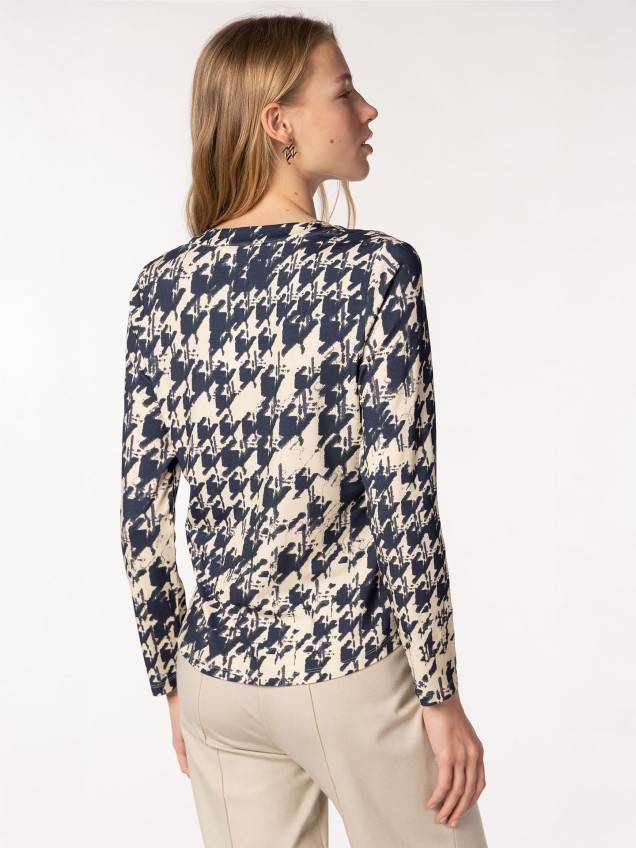 Camisola com Padrão Pata de Galo e Gola Mao