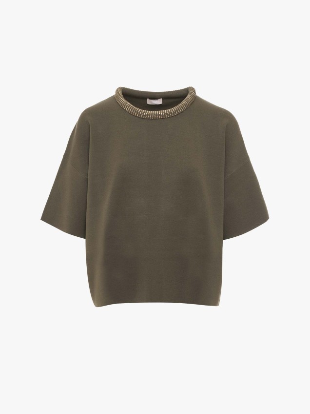 T-shirt Cropped com Gola Adornada