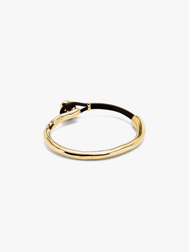 Bracelete Dourado com Couro e Cristal Multifacetado