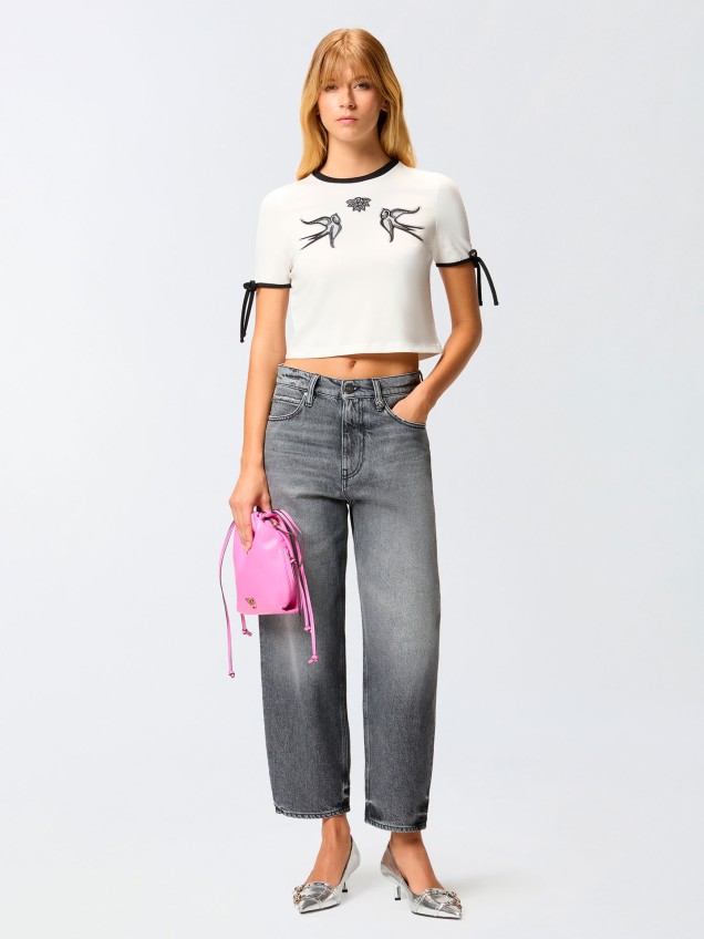 T-shirt Cropped com Bordado Love Birds