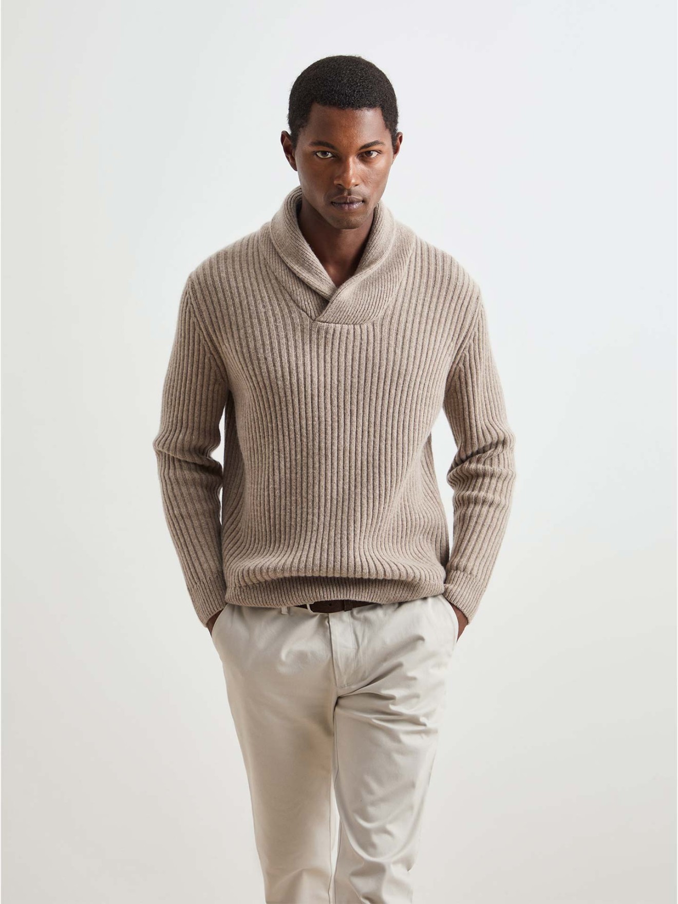 Camisola de Malha Canelada com Gola Xale