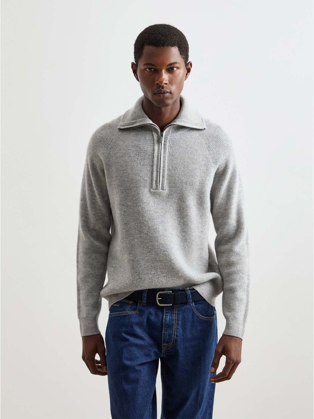 Camisola de Malha Canelada com Gola de Meio Fecho