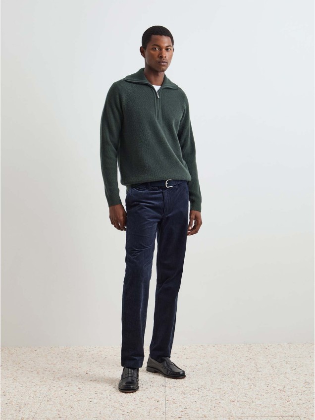 Camisola de Malha Canelada com Gola de Meio Fecho