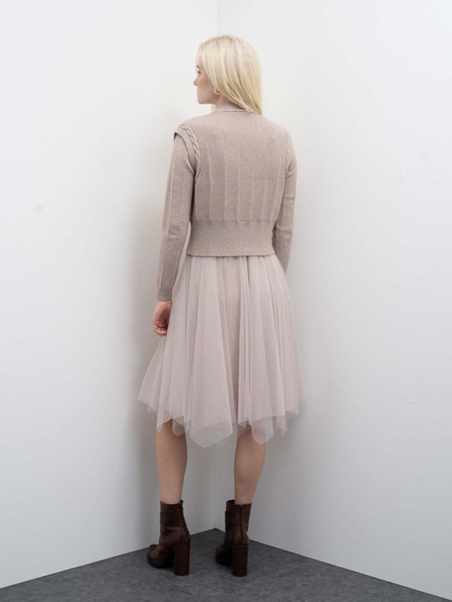 Vestido Midi em Malha e Tule