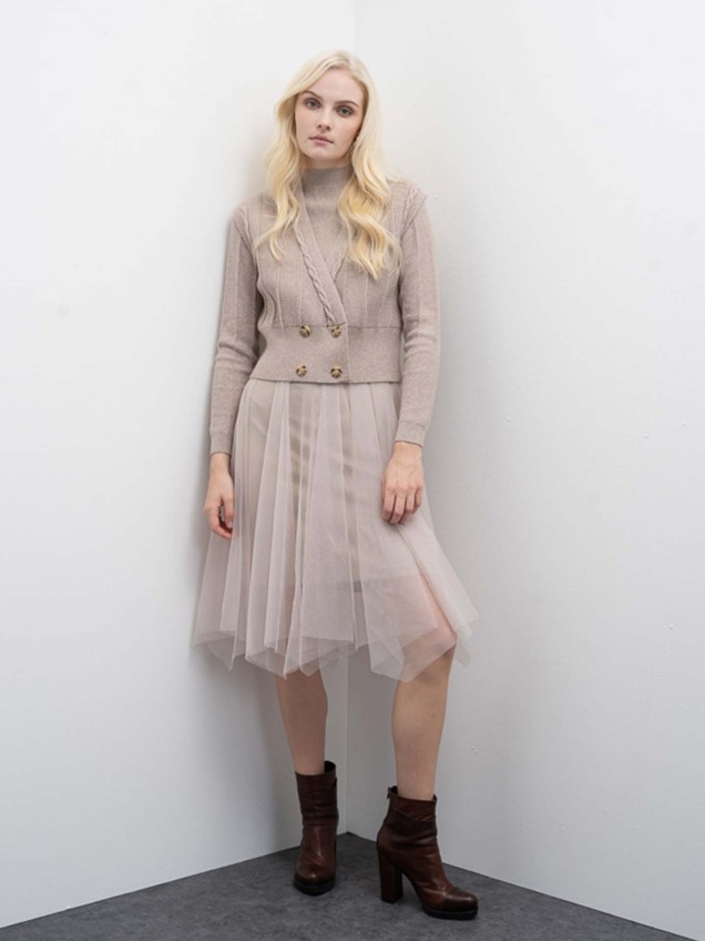 Vestido Midi em Malha e Tule