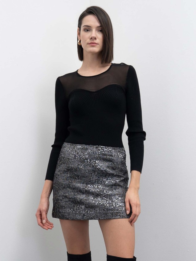 Camisola de Malha Canelada com Tule