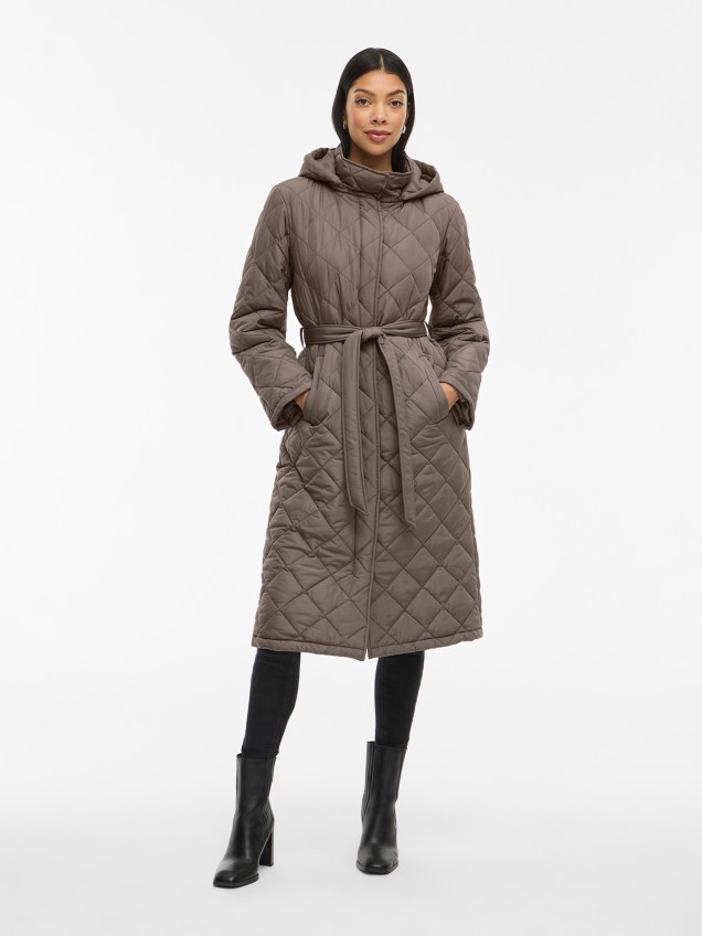 Parka Acolchoada Comprida com Cinto e Capuz