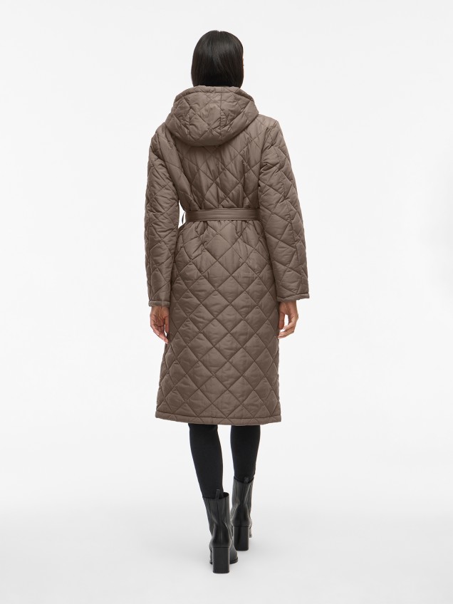 Parka Acolchoada Comprida com Cinto e Capuz
