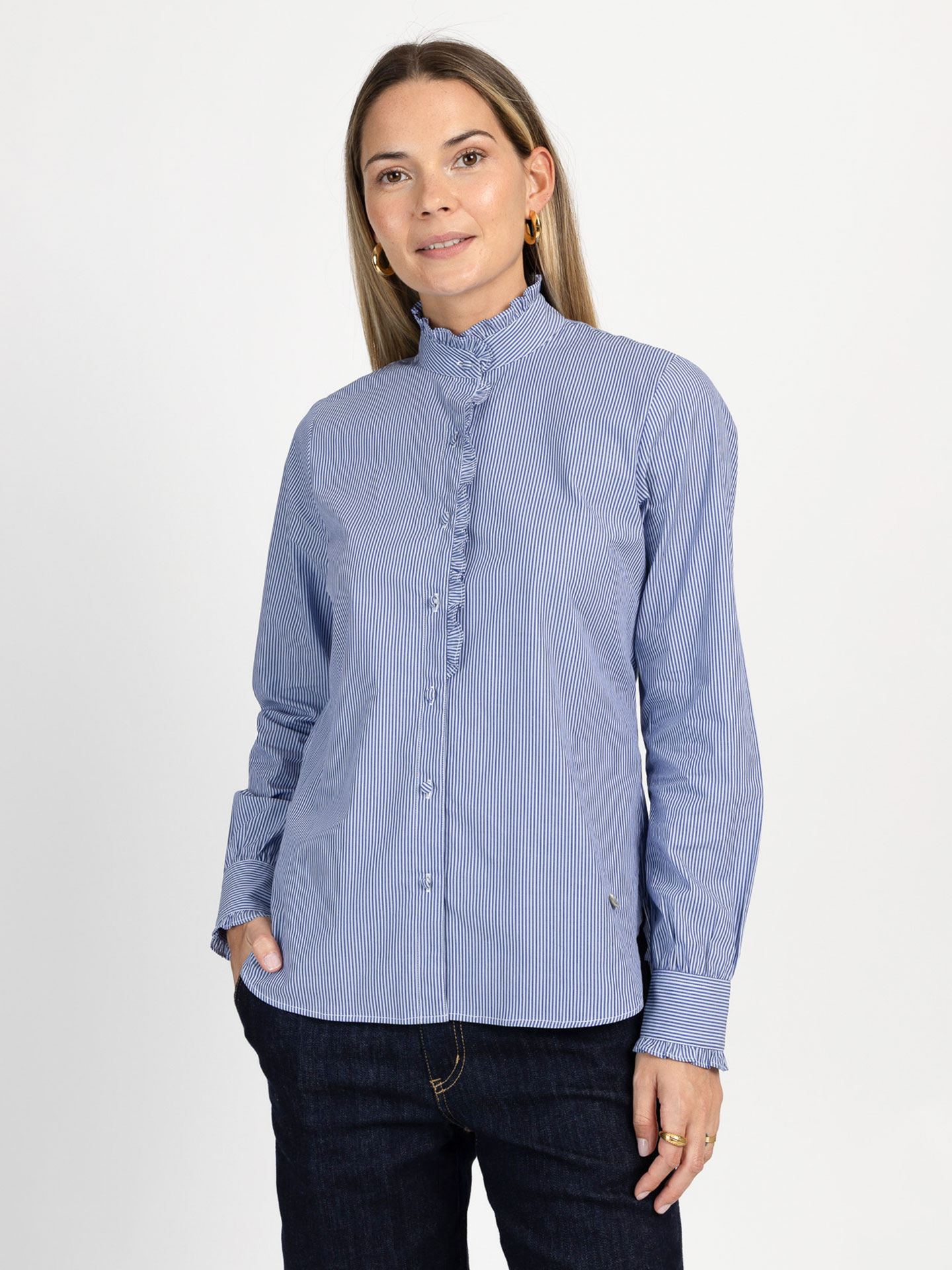 Camisa às Riscas com Gola de Folho