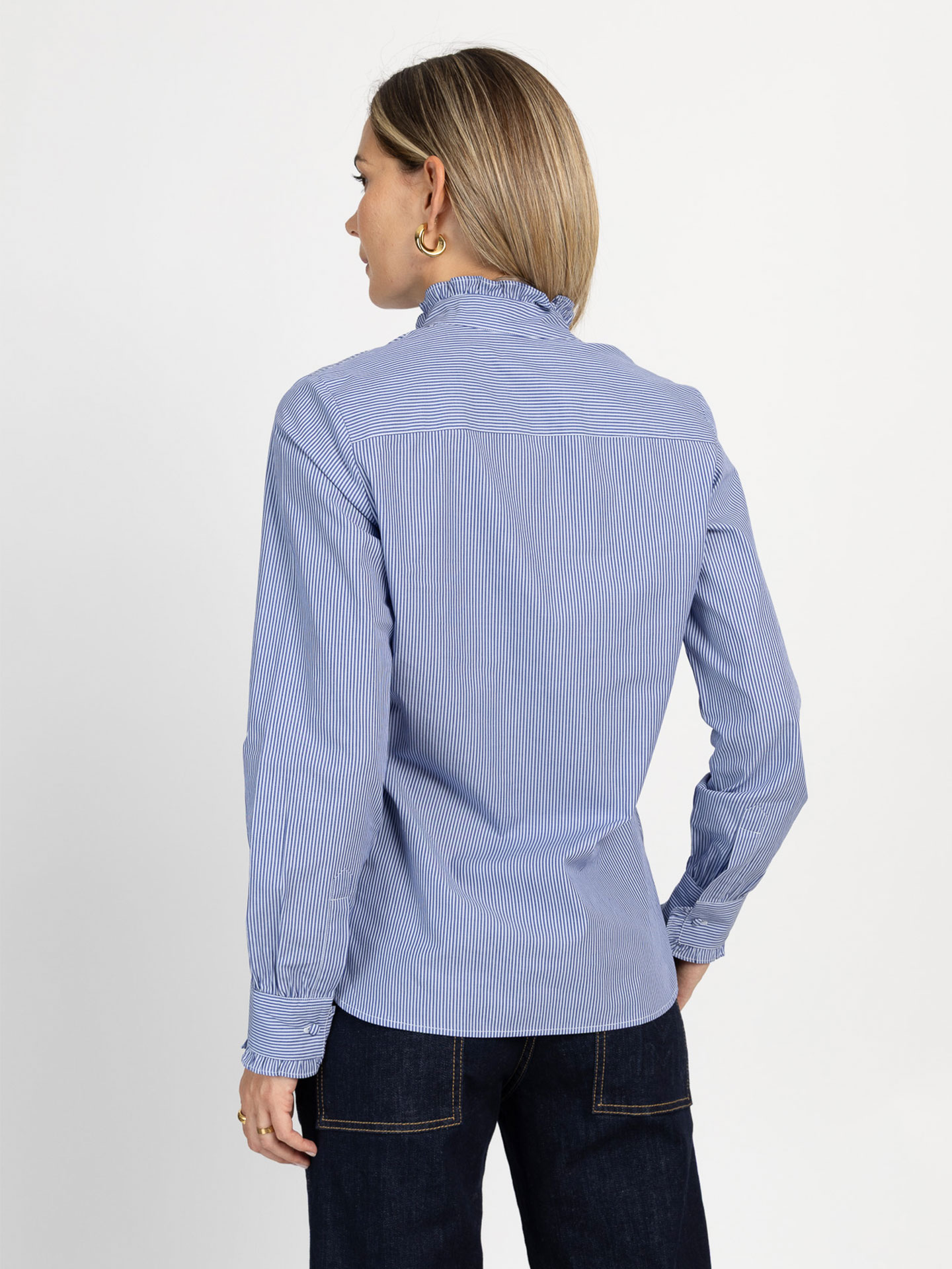 Camisa às Riscas com Gola de Folho