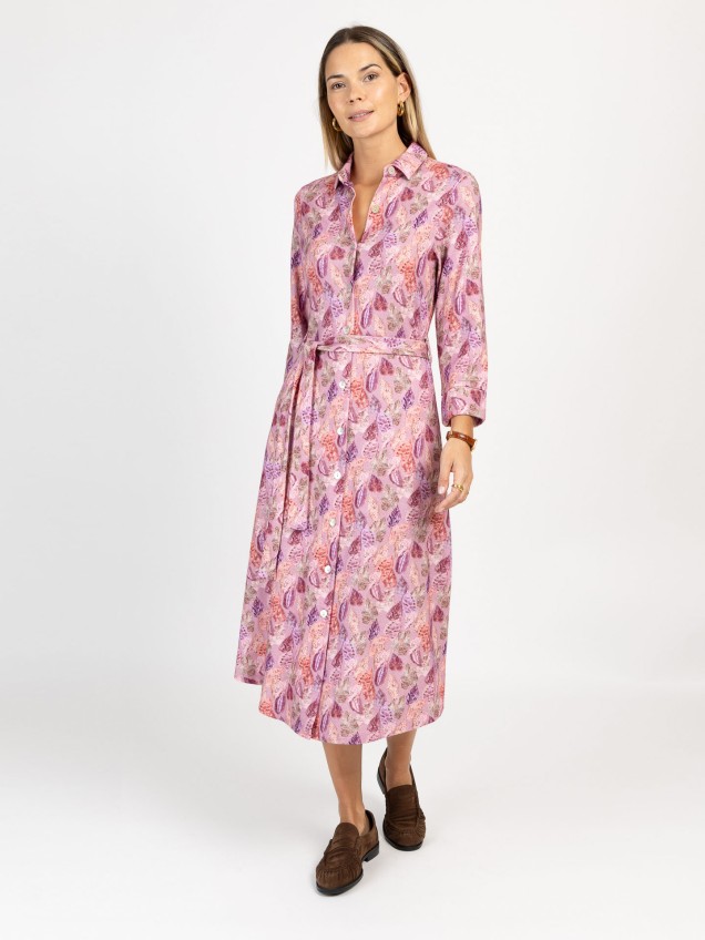 Vestido Camiseiro Padrão de Folhas