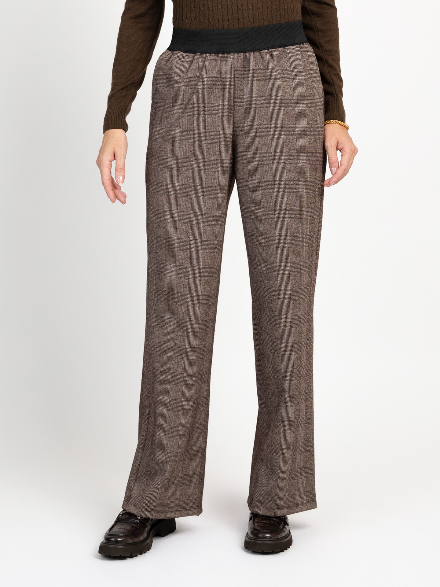 Calças de Malha Xadrez com Cintura Elástica