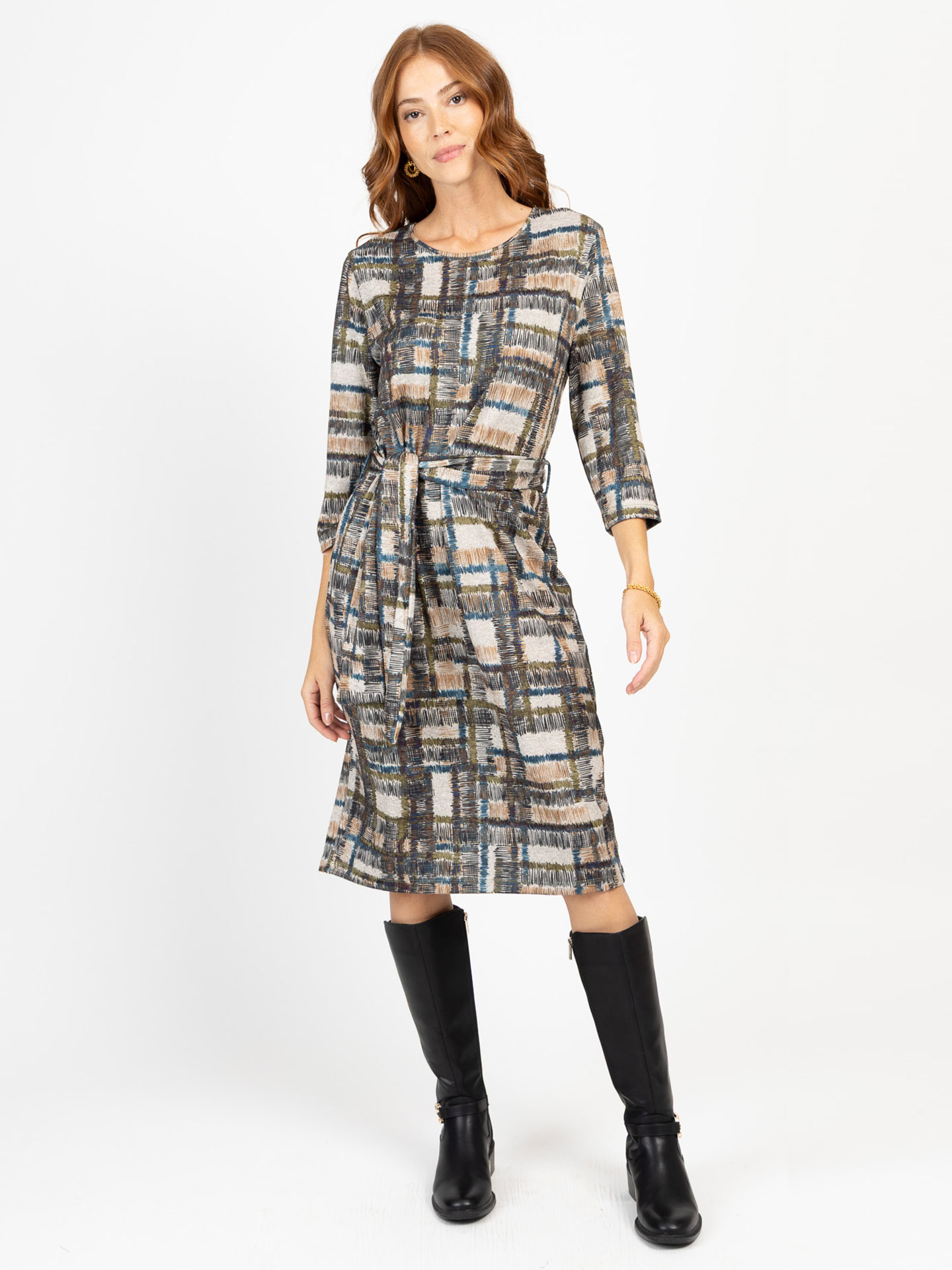 Vestido Midi com Padrão Xadrez Abstrato