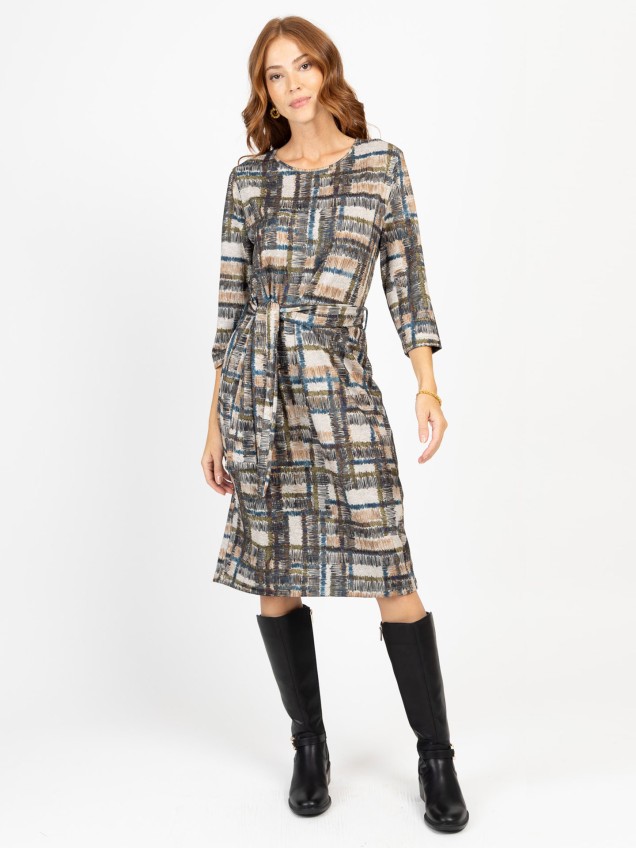 Vestido Midi com Padrão Xadrez Abstrato