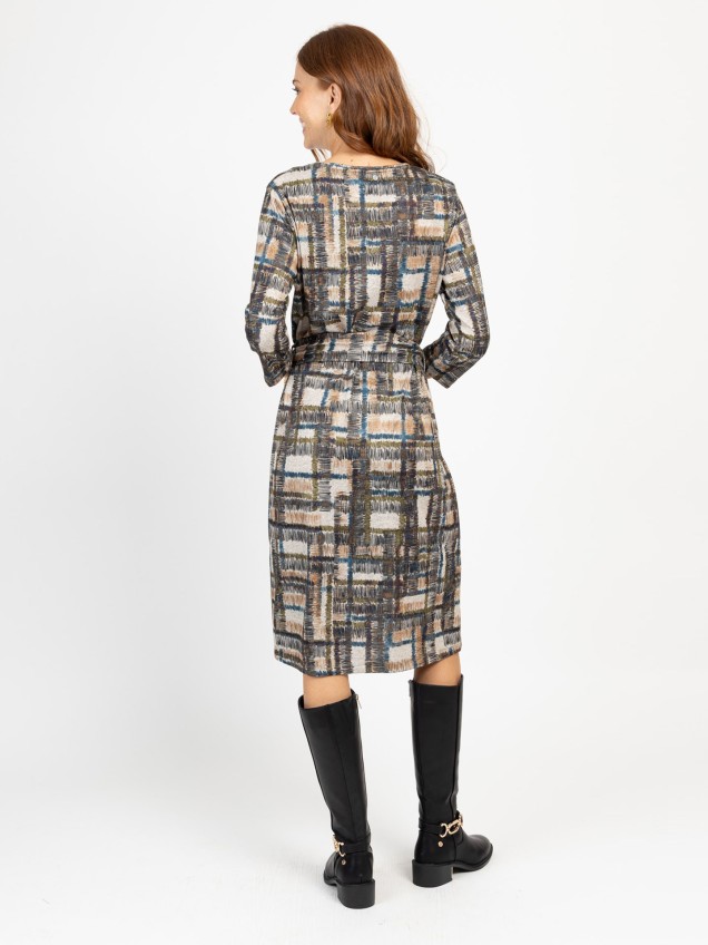 Vestido Midi com Padrão Xadrez Abstrato