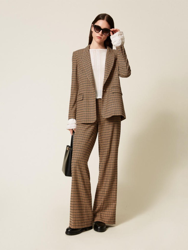 Calças de Lã com Padrão Xadrez