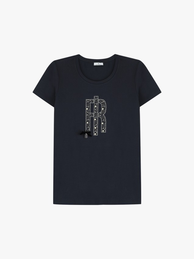T-shirt com Logótipo de Pérolas e Strass