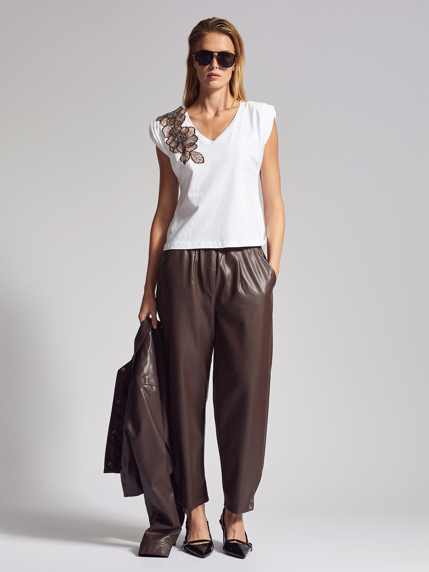 Calças de Pele Sintética Wide Leg