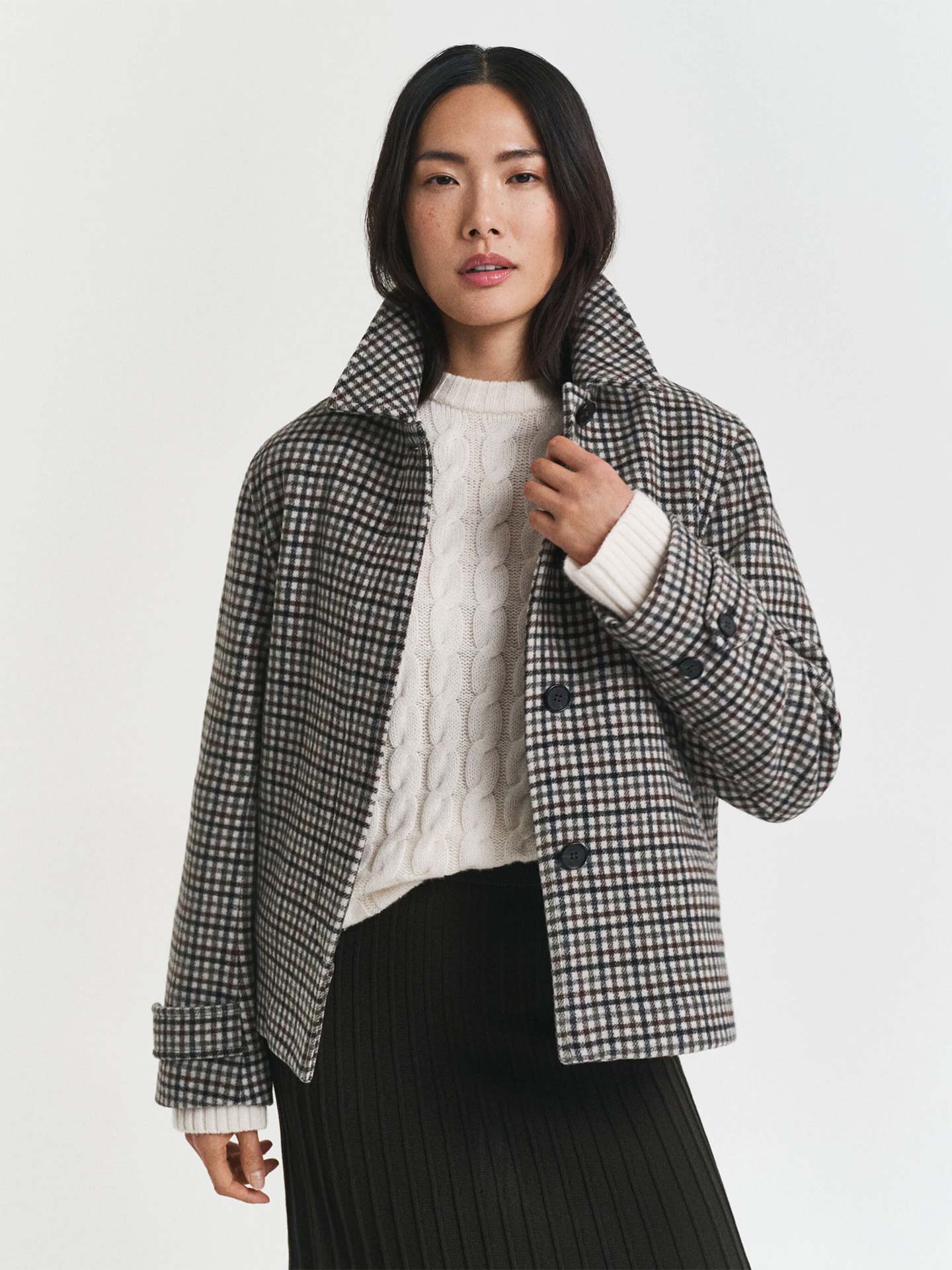 Casaco Curto em Lã com Padrão Xadrez