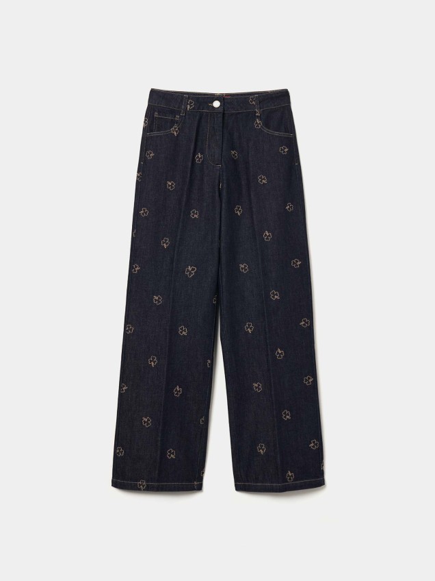 Calas de Ganga Wide Leg com Bordado de Trevos