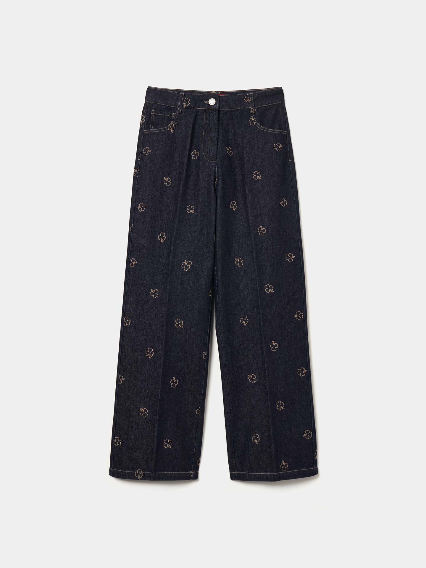 Calças de Ganga Wide Leg com Bordado de Trevos