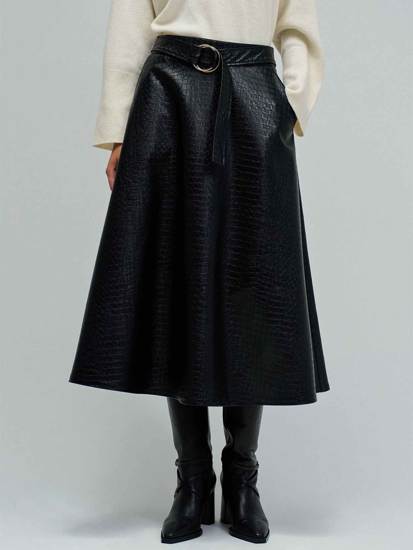 Saia Midi Efeito Pele com Cinto