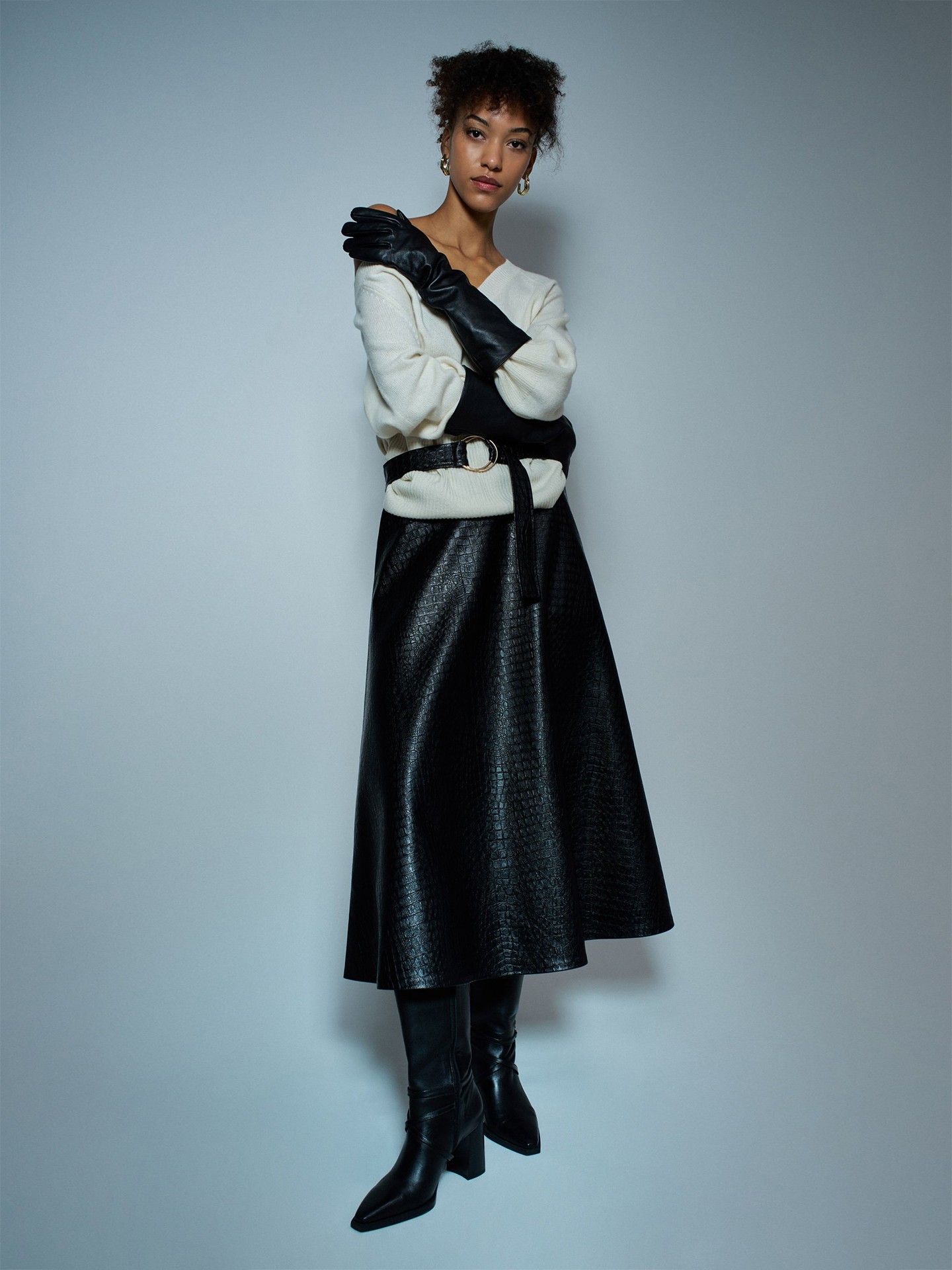 Saia Midi Efeito Pele com Cinto