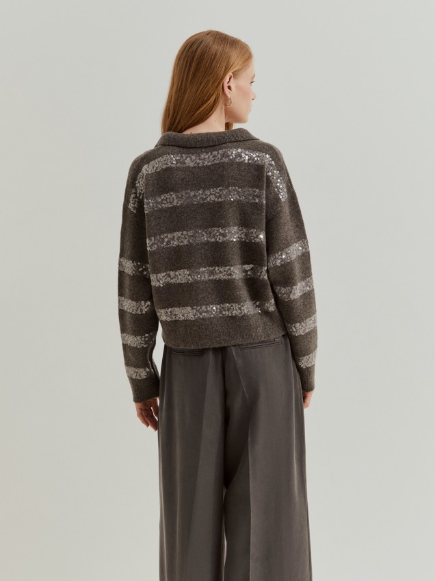 Camisola de Malha com Riscas de Lantejoulas