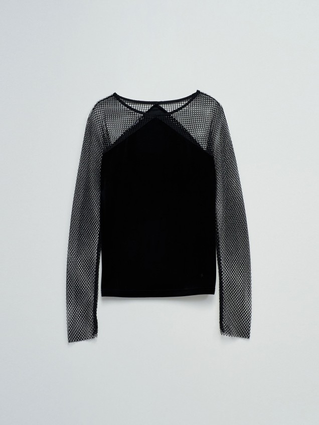 Camisola de Veludo com Mangas em Rede