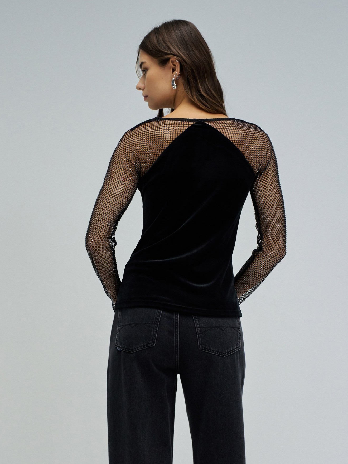 Camisola de Veludo com Mangas em Rede