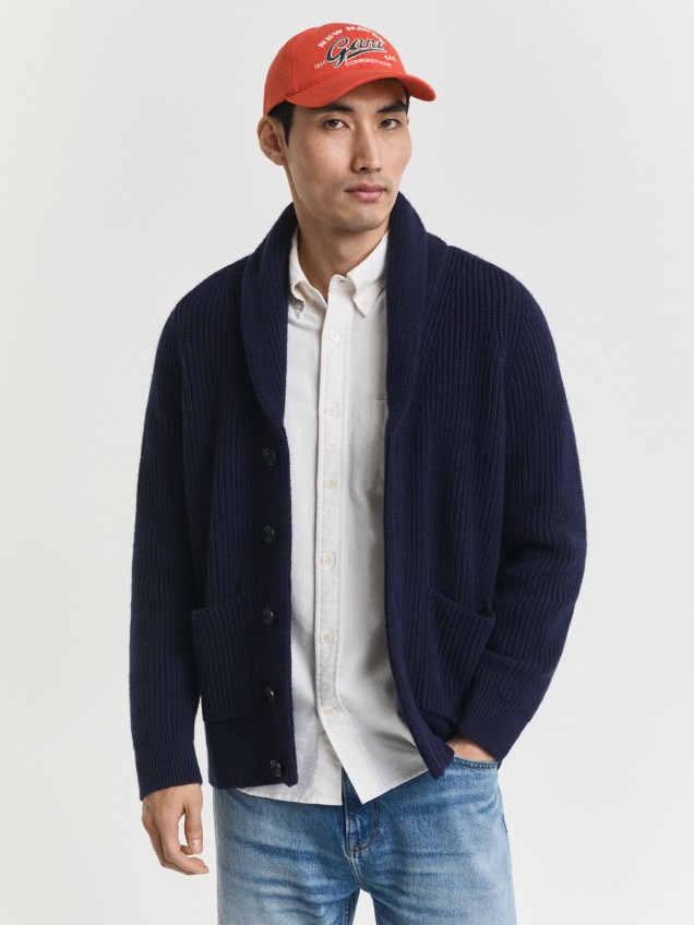 Casaco de Malha Canelada com Gola Xale