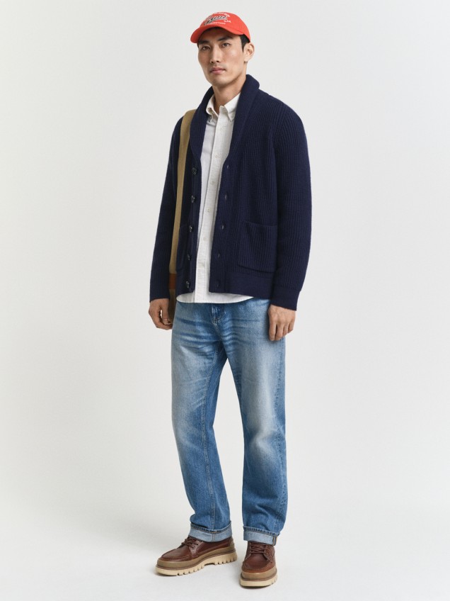 Casaco de Malha Canelada com Gola Xale