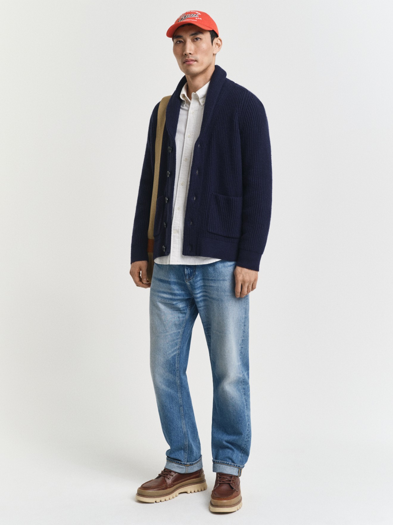 Casaco de Malha Canelada com Gola Xale